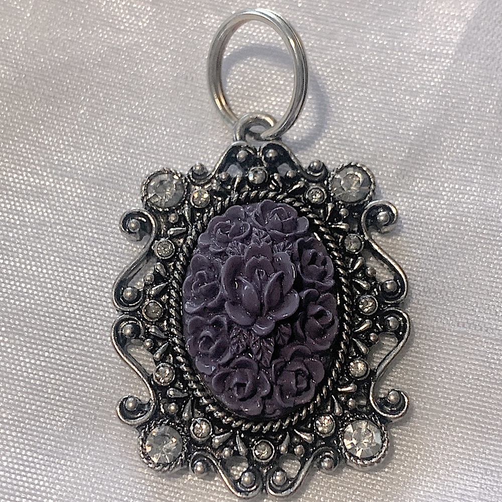 Vintage Keychain Purple Flowers and Crystal Detail